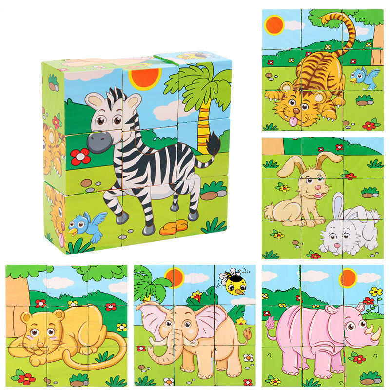 Thumbnail: Wooden block puzzles with cartoon animals: zebra, tiger, elephant, rhino.