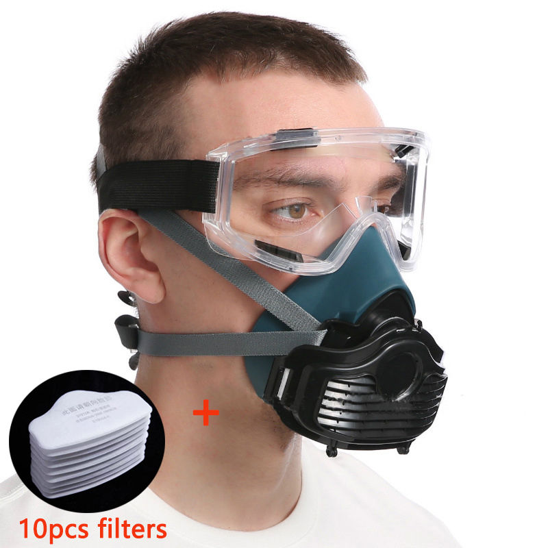 Küçük resim: Man wearing safety goggles and respirator mask with 10pcs filters