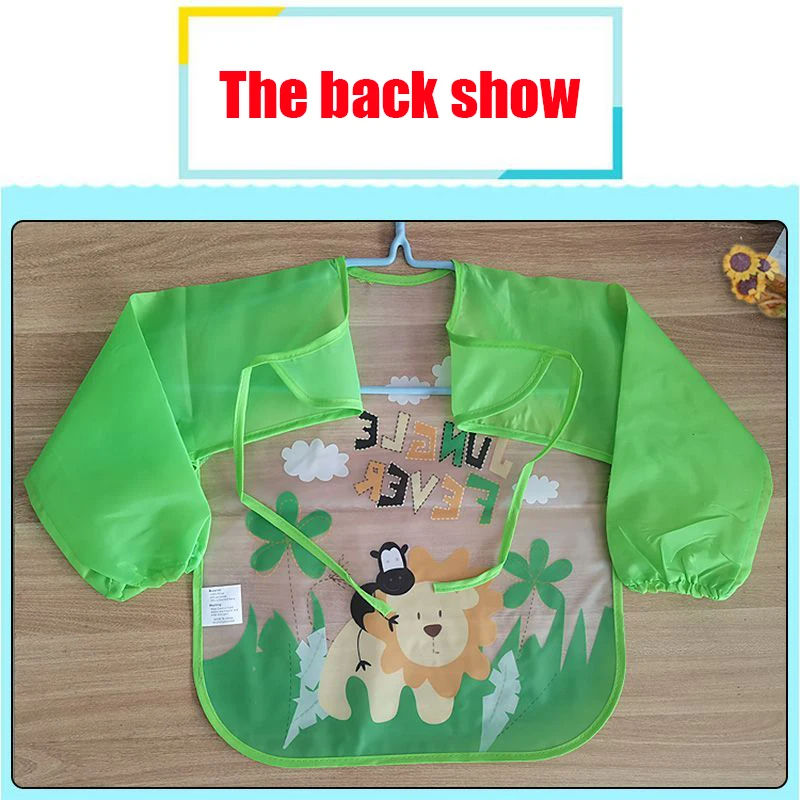 Thumbnail: Green baby bib with lion graphic and The back show NanaPouchKids on display.