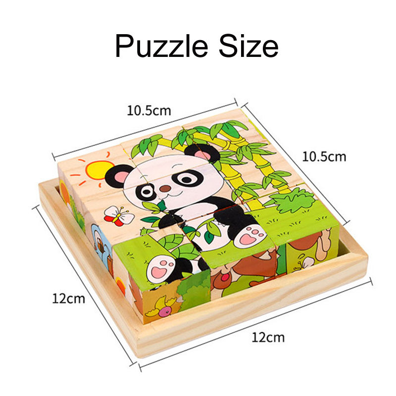 Thumbnail: Wooden block puzzle with panda design, Puzzle Size, 10.5cm, 12cm dimensions.