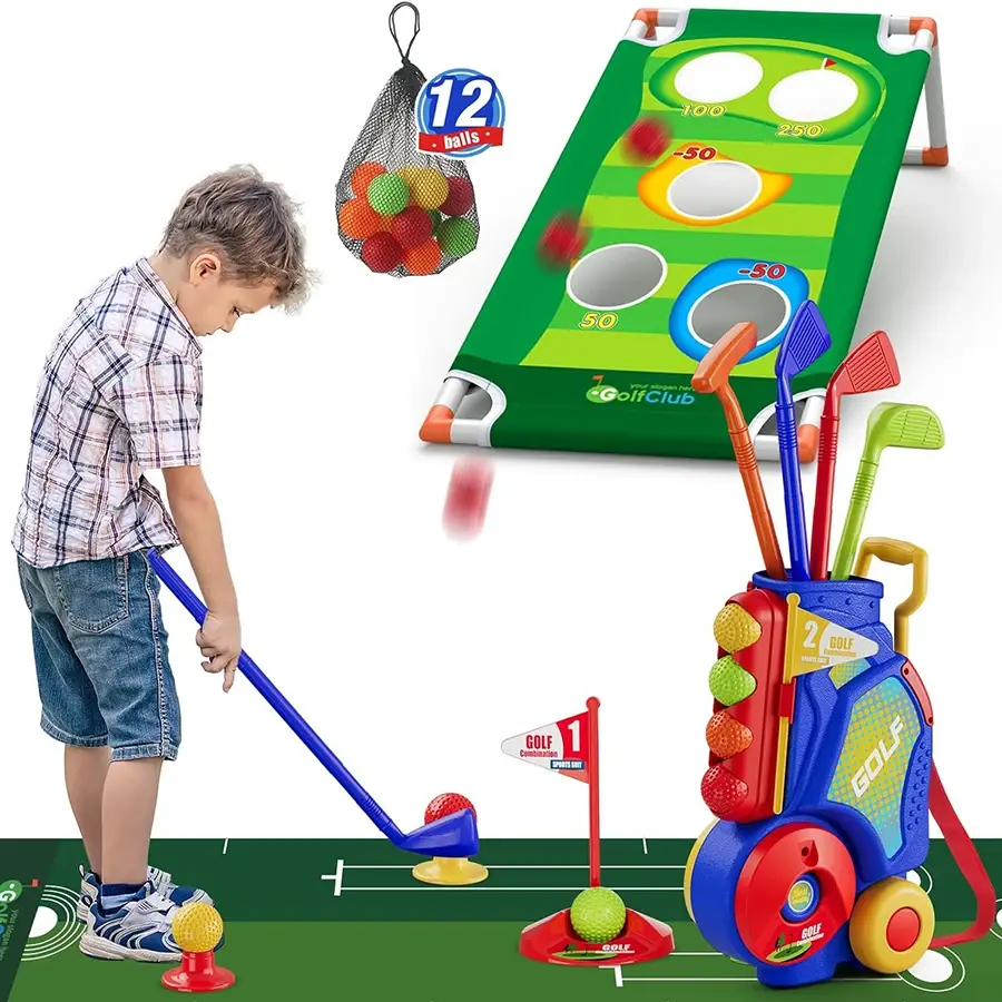 Golf Toy Set with Golf Balls, Blue Golf Cart with Shoulder Strap, Indoor/Outdoor