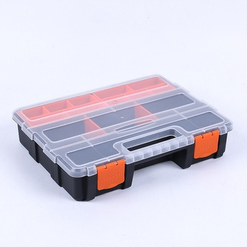 Miniaturbild: A tool box organizer with orange and black compartments, ideal for storing and managing hardware and parts.