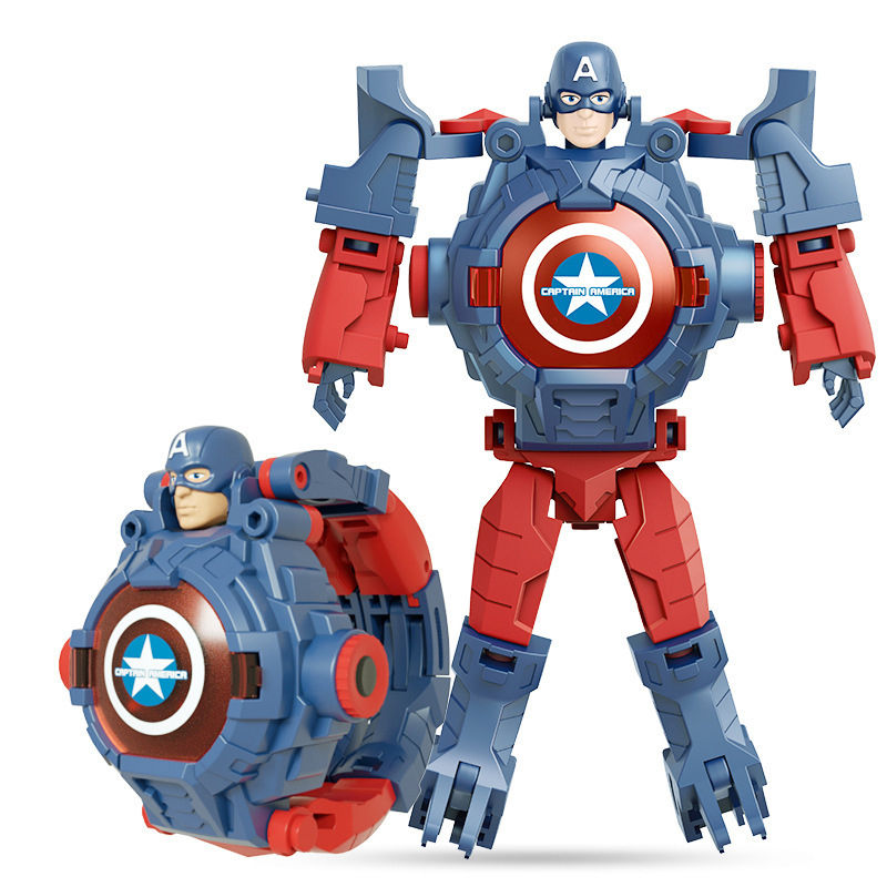 Thumbnail: Captain America toy transforms into robot figure, colorful design, collectible item.