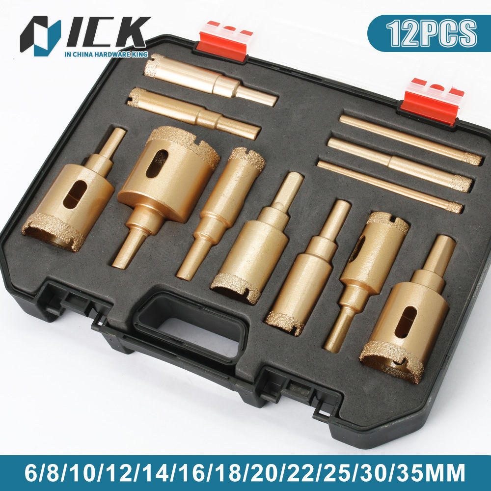 Gold plated drill bit set with 12 pieces, featuring diamond coating, stored in a protective case, sizes 6-35mm.