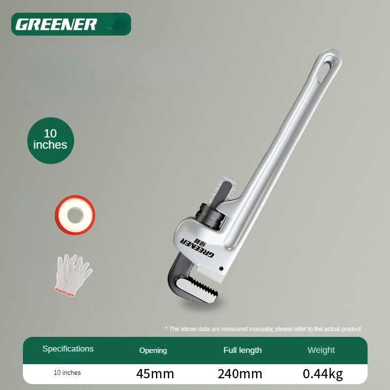 थंबनेल: Greener 10-inch pipe wrench: 45mm opening, 240mm length, 0.44kg weight