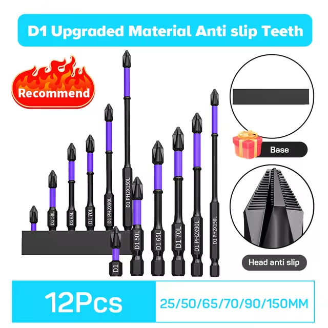 थंबनेल: Set of 12 D1 anti-slip screwdriver bits with various lengths