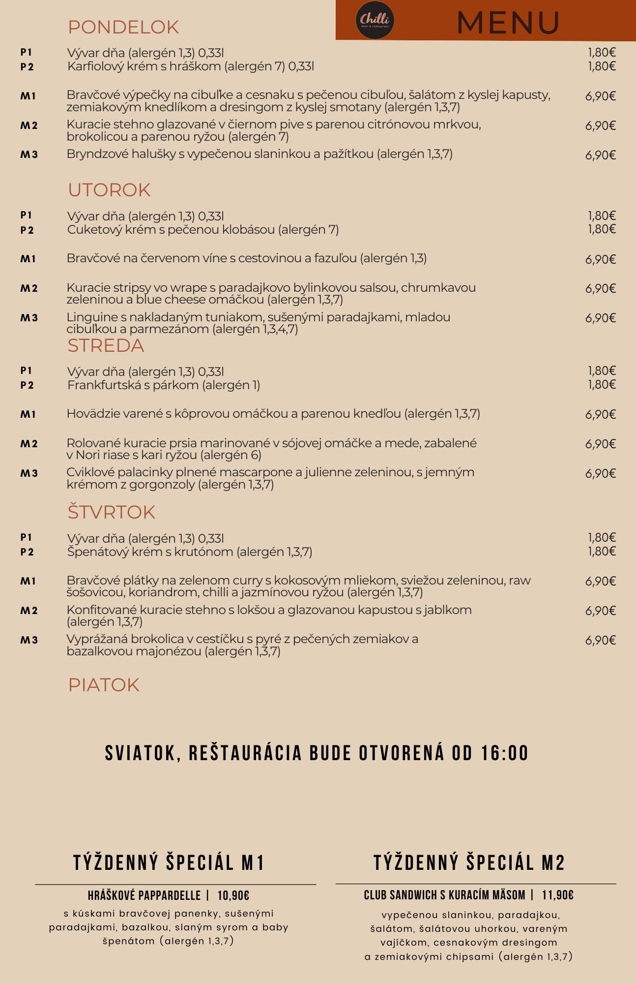 Denné menu Chilli beer&restaurant Zvolen