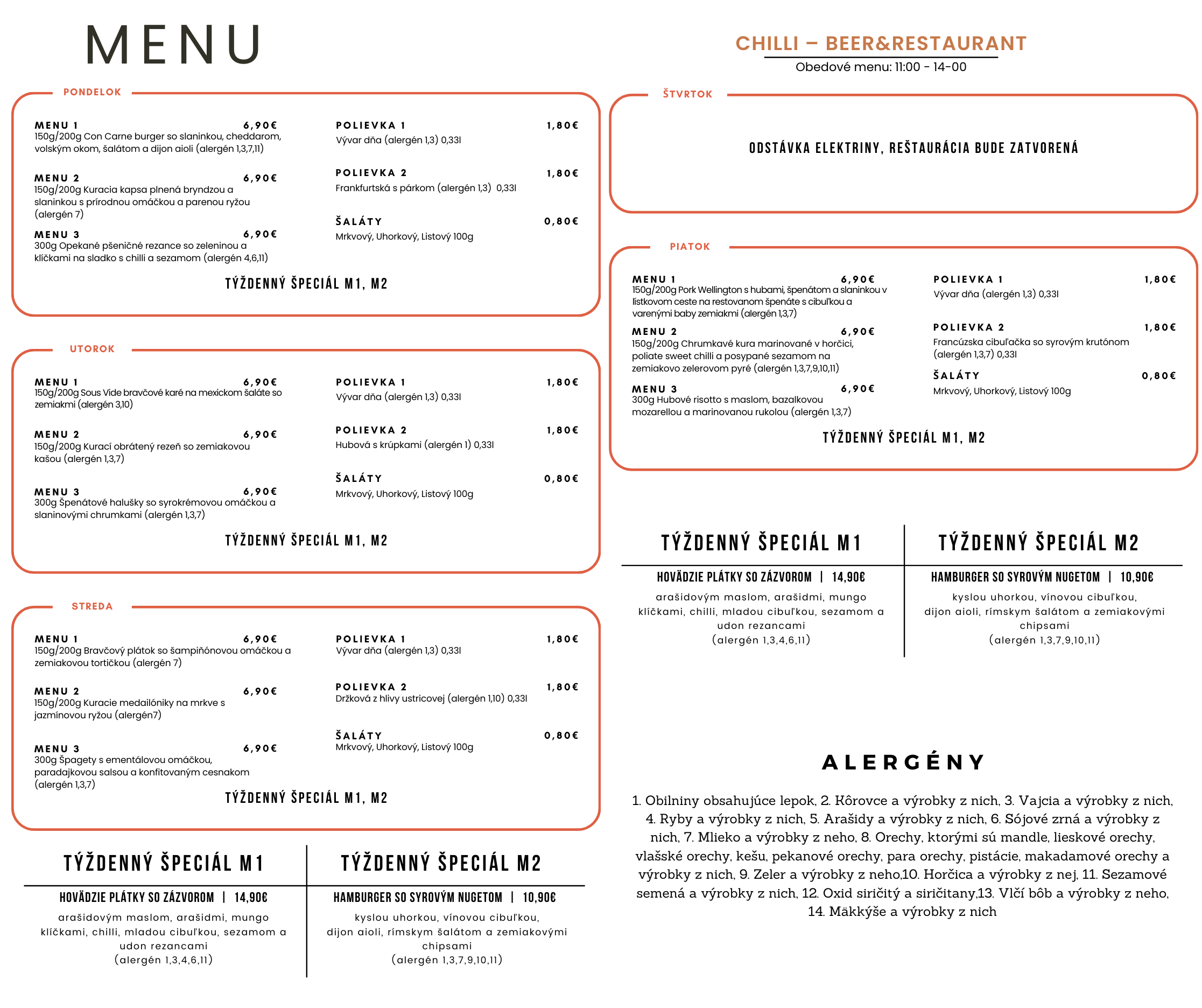 Denné menu Chilli beer&restaurant Zvolen