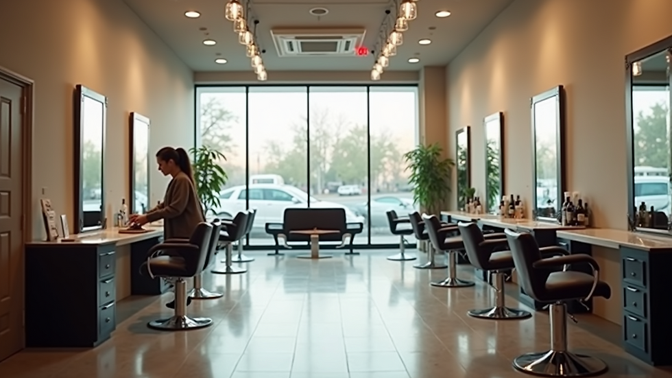 High angle view of a modern hair salon interior with styling stations
