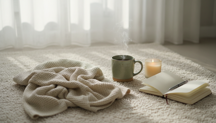 Eye-level view of a calm relaxation space with a folded blanket and herbal tea.