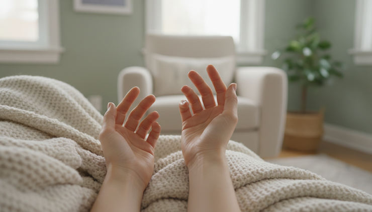 Close-up of relaxed hands resting on a soft blanket.