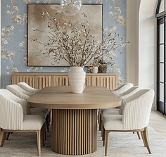 nature inspired calm dining room with natural white oak wood furniture.