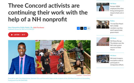 A screenshot showing three Black activists from NH, including Amaranthia Sepia, a young Black woman, in an article titled, "Three Concord Activists Are Continuing Their Work With The Help of a NH Non-Profit