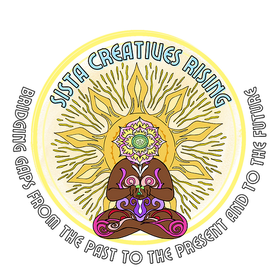The Sista Creatives Rising logo is a circular yellow logo. Inside is a large Black woman meditating. Her hands are cupped with a sprout inside. Her head is a pink lotus. Behind her is a drawing of a stylized sun with rays shooting outward. Above the sun says “SISTA CREATIVES RISING.” Art by Amaranthia Sepia