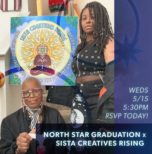 A photo of Amaranthia standing (young Black woman on the right with locs) and her Mom, Claire (bald Black woman sitting on the left) with her cane. They are posing in front of stairs ion their home while wearing black fashionable outfits. Amaranthia is holdng the SCR logo poster above Claire's head.