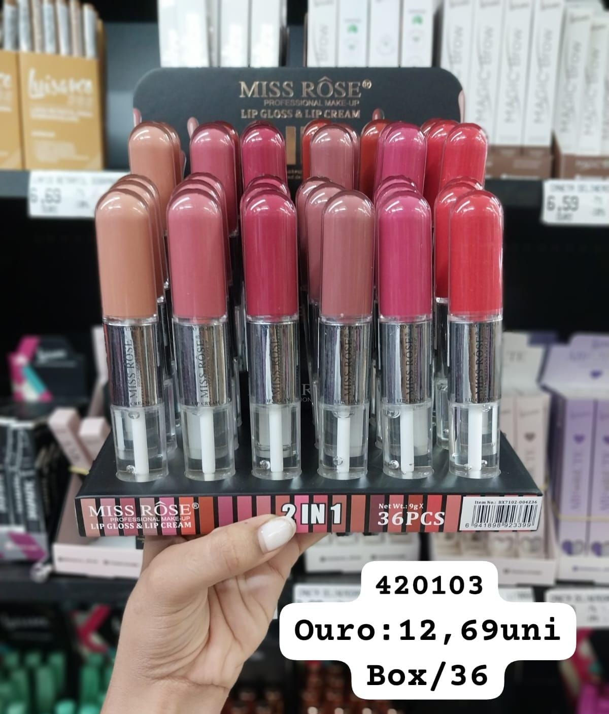 Miss rose Lip gloss 2 em 1 unidade ( box vem 36