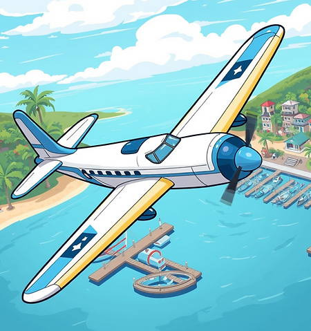 Create a blue and white vintage airplane inspired by the _Spruce Goose_ flying over a trop
