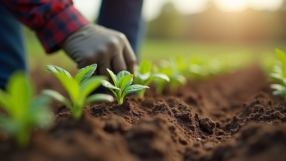 Close-up view of a farmer inspecting healthy soil with plants growing