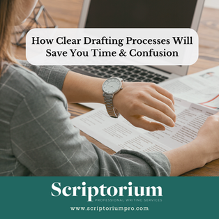 A person looking at their watch as they hold a document. Their laptop is open and rests before them. The title of the blog, "How Clear Drafting Processes Will Save you Time & Confusion" sits in front of the image.
