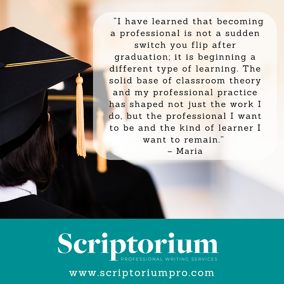 A group of graduates sitting with their hats facing the camera with the quote, "I have learned that becoming a professional is not a sudden switch you flip after graduation; it is beginning a different type of learning. The solid base of classroom theory and my professional practice has shaped not just the work I do, but the professional I want to be and the kind of learner I want to remain." - Maria