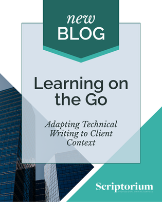 The title, "Learning on the Go: Adapting Technical Writing to Client Contexts" rests in the forefront of an image of a high-rise building.