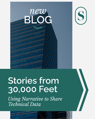 A tall building rests in the background of a grey sky. The title "Stories from 30,000 Feet: Using Narrative to Share Technical Data."