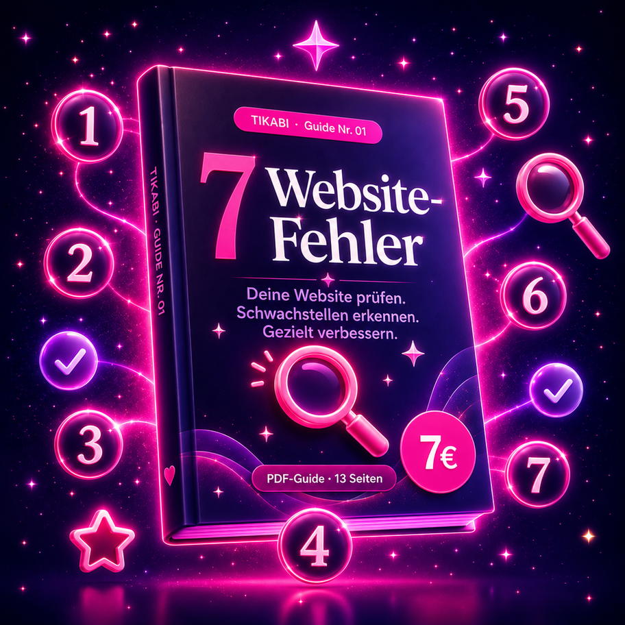 Cover des TIKABI PDF-Guides ‚7 Website-Fehler‘ mit Lupe und sieben nummerierten Symbolen in Pink und Violett.
