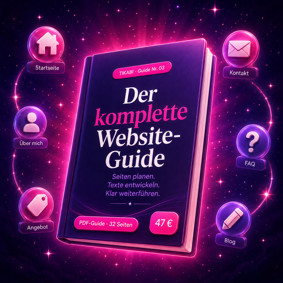 Cover des TIKABI PDF-Guides ‚Der komplette Website-Guide‘ mit Symbolen für Startseite, Über mich, Angebot, Kontakt, FAQ und B