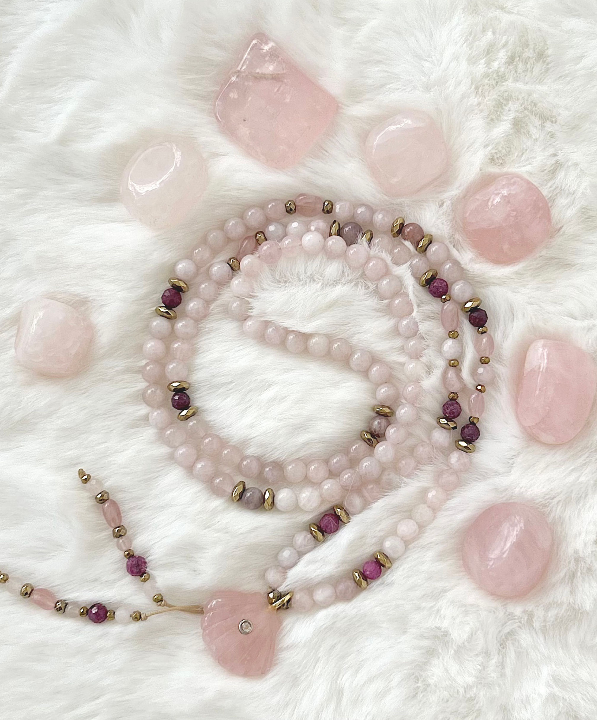 Mala Crystal Necklace | Rose Quartz, Red Garnet, Hematite, Scallop Sea Shell Pe