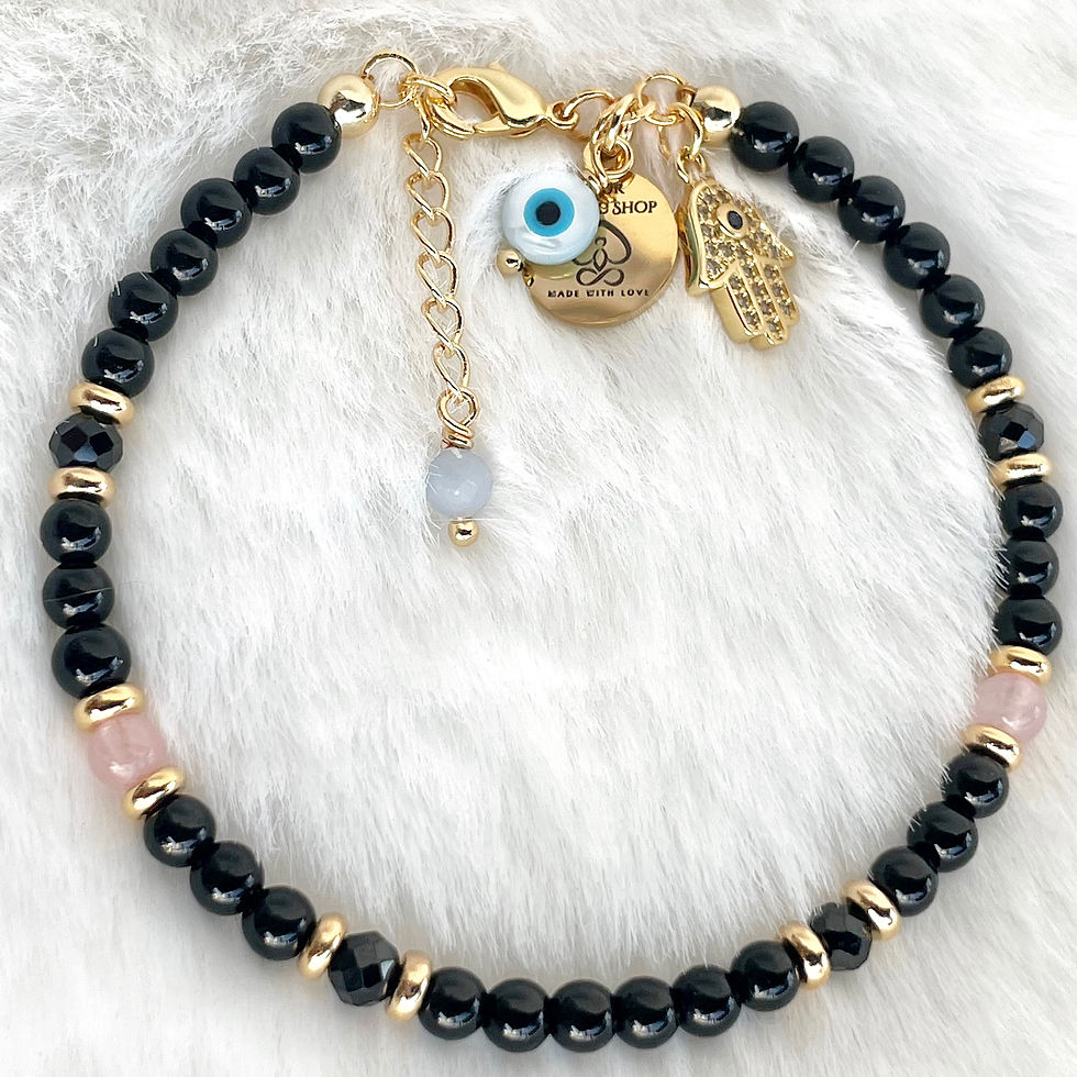 Thumbnail: Black  Tourmaline - Black Onyx - Rose Quartz Clasped bracelet 
