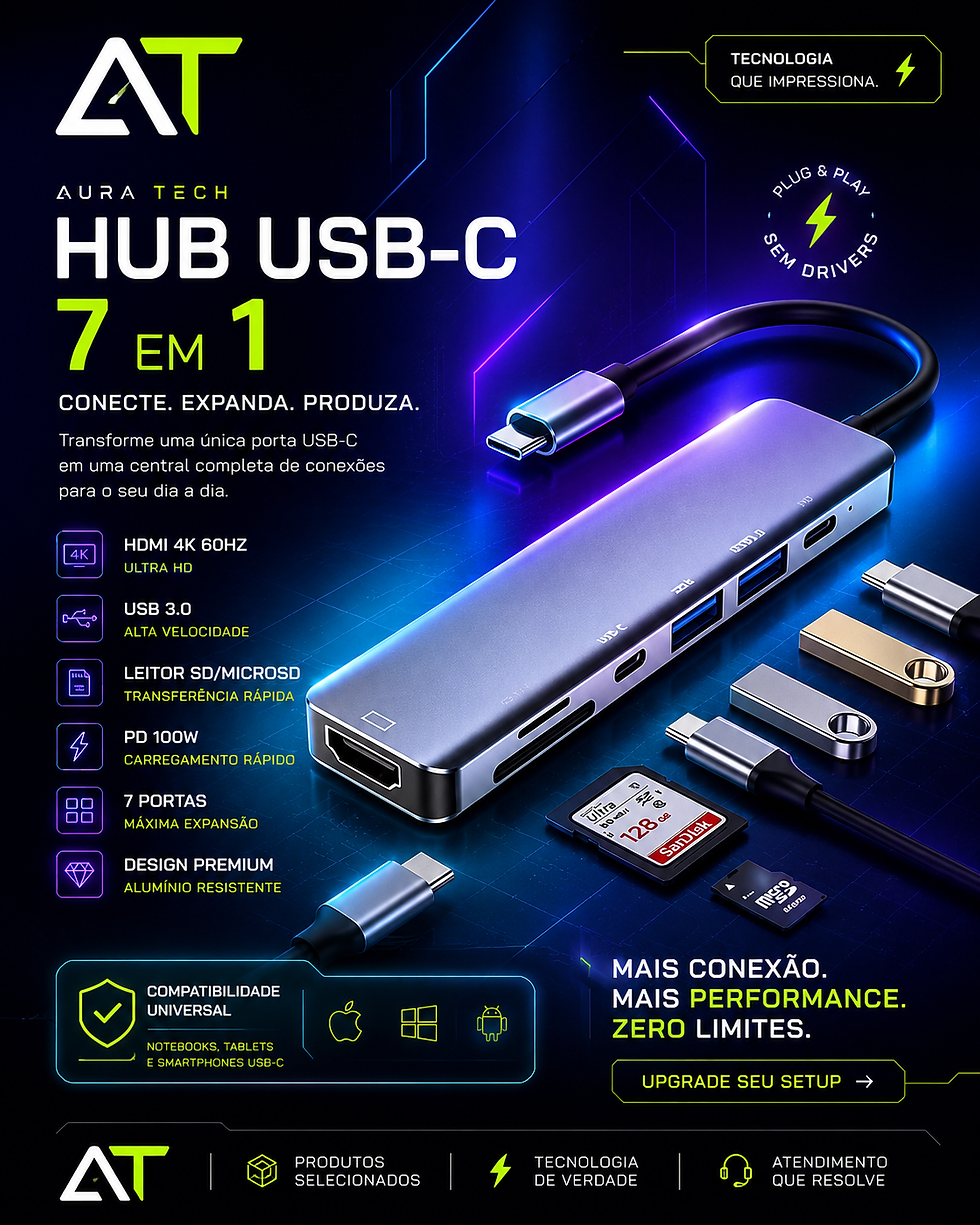 Miniatura: Hub USB-C Premium 7 em 1 Aura Tech | HDMI 4K 60Hz + USB 3.0 + PD 100W + SD/Micro