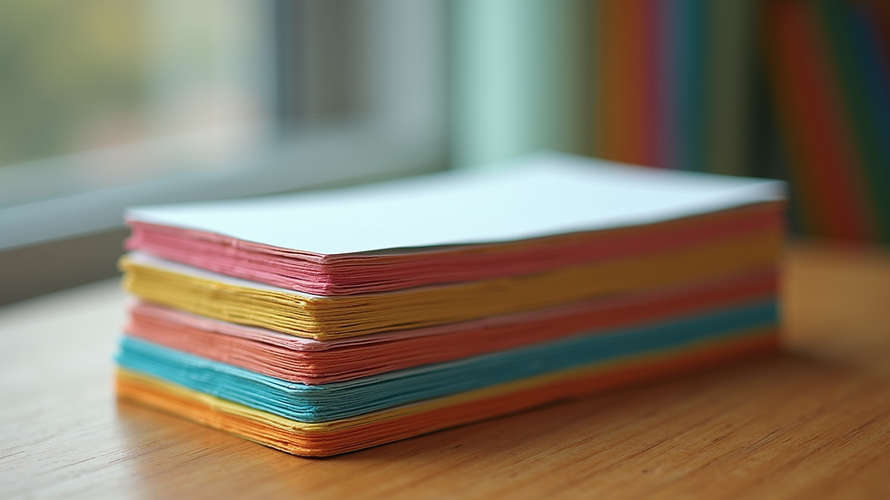 Close-up view of a stack of colorful flashcards on a wooden table