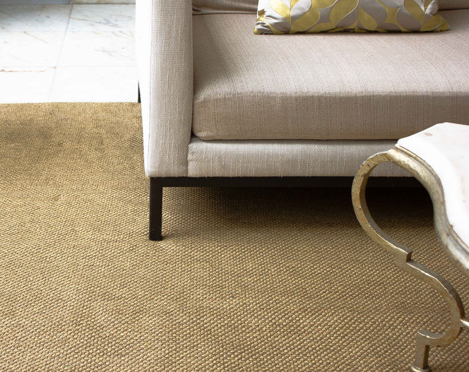 Close-up of a tan woven area rug positioned under a beige sofa and a marble coffee table with curved brass legs.