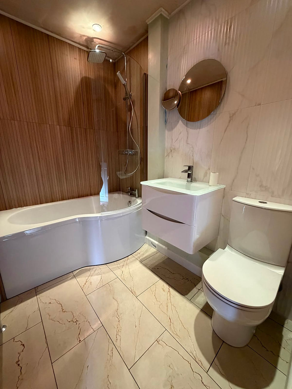 Eye-level view of a modern bathroom with sleek fittings and neutral colours