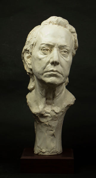Plaster bust of an older woman with a neutral expression and hair parted to the side and swept back towards the nape of her neck. Front view