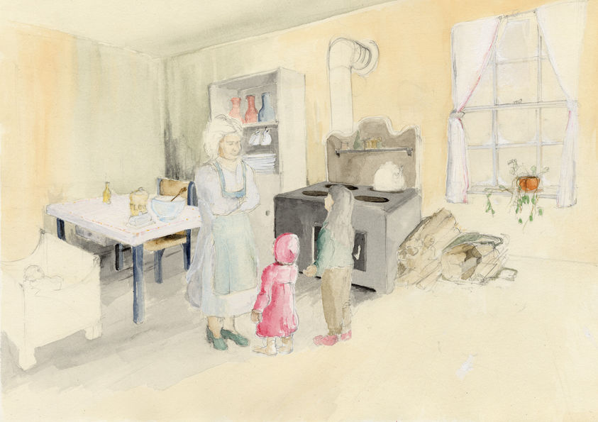 A watercolor painting of a mother and her two daughters standing in a kitchen in front of a woodstove.