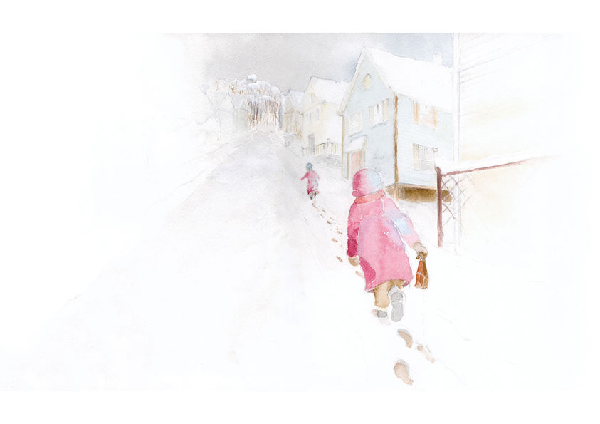 Watercolor painting of two little girls in red coats walking in the snow.