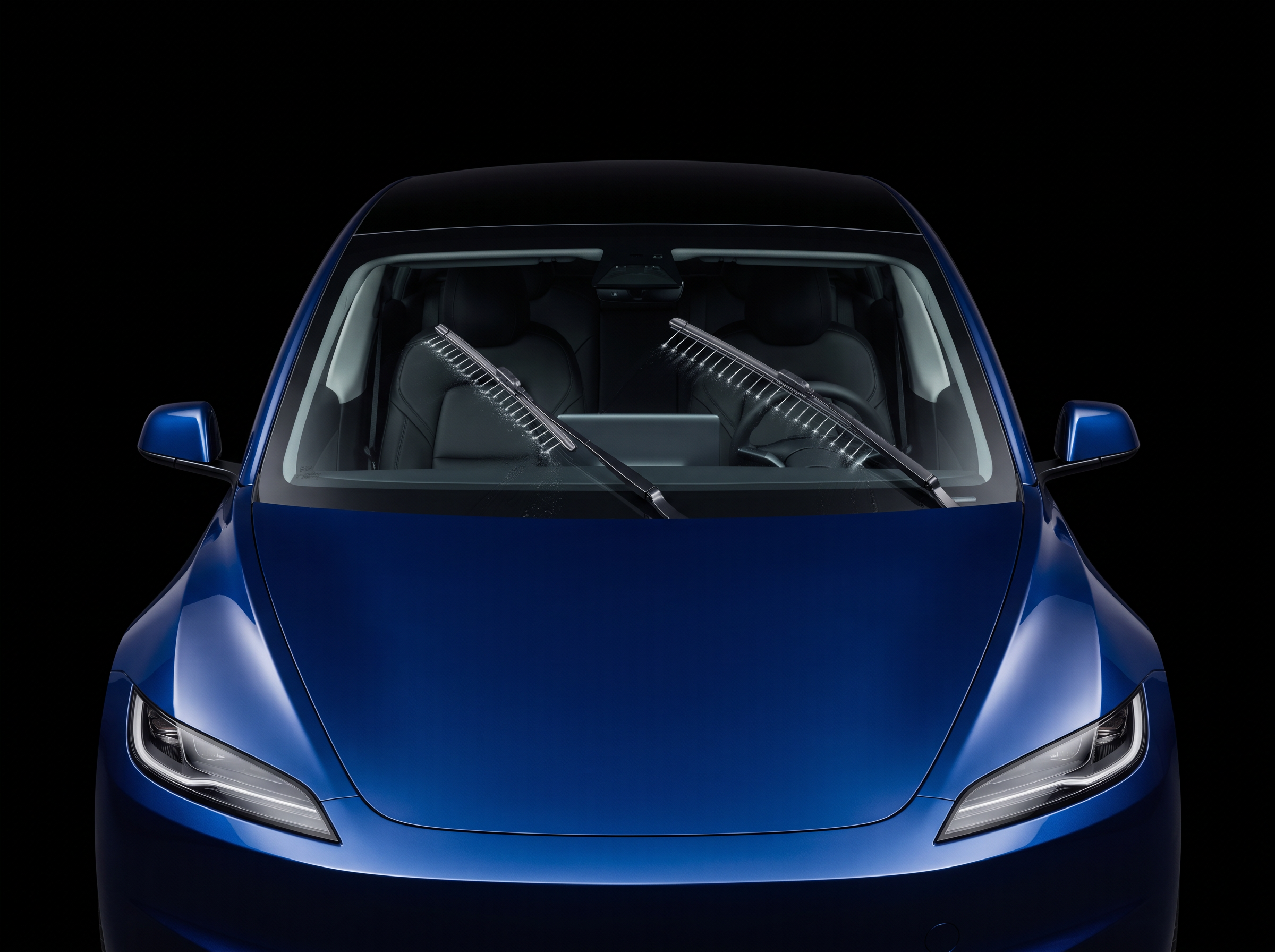 Sprayline blades on a blue sedan, spraying washer fluid from nozzles along each blade