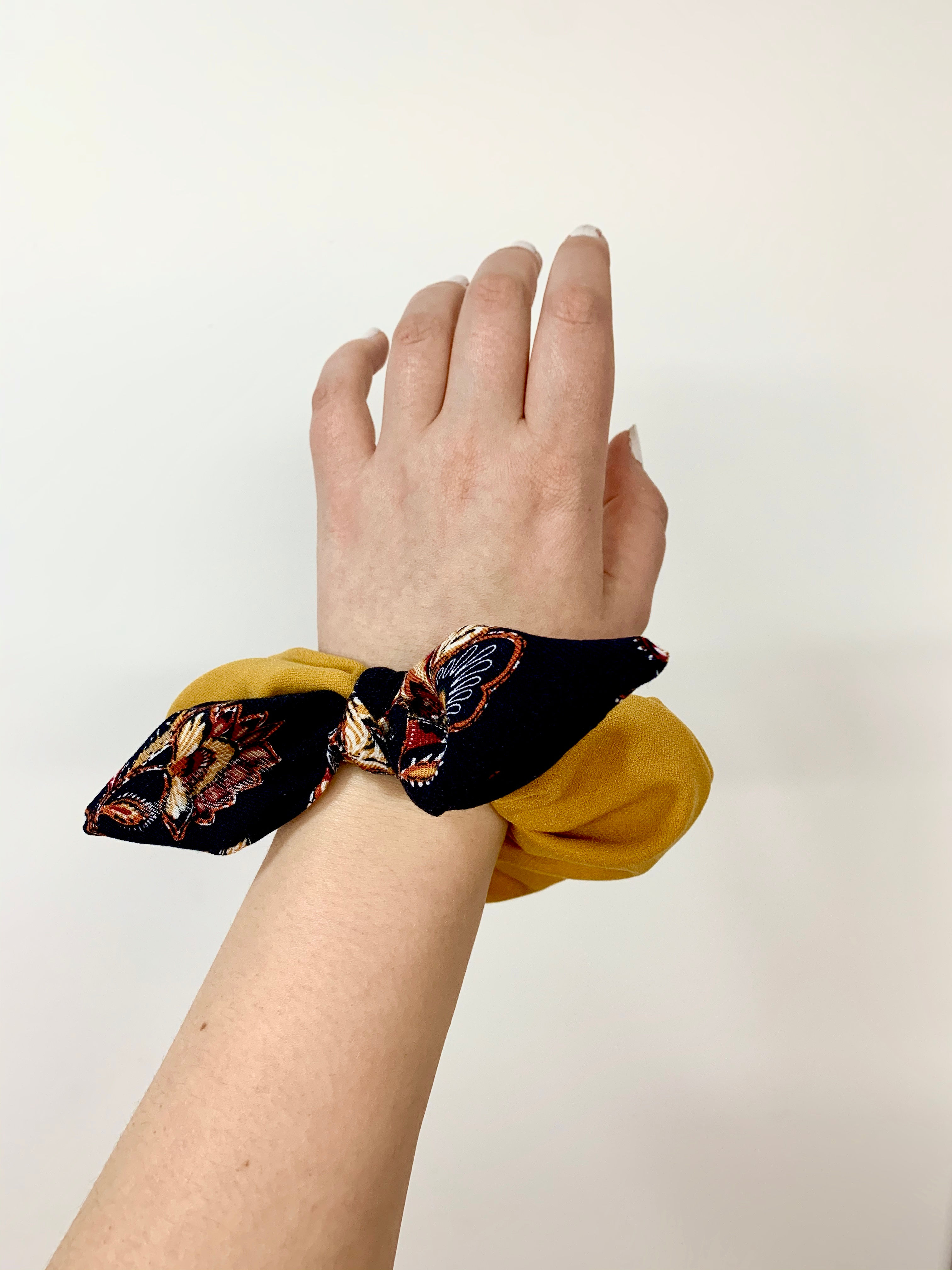 Mustard Yellow + Navy Paisley Bow Scrunchies