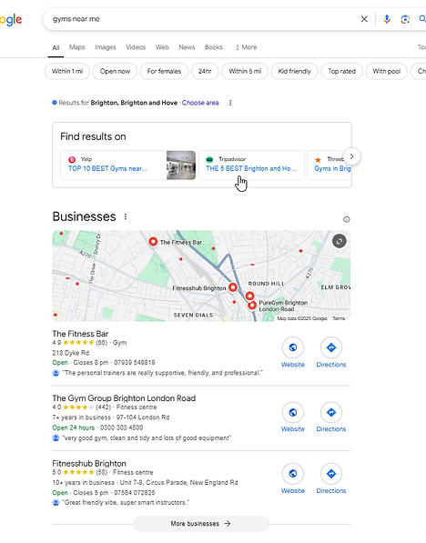 Google search results for someone searching for 'Gyms near me'