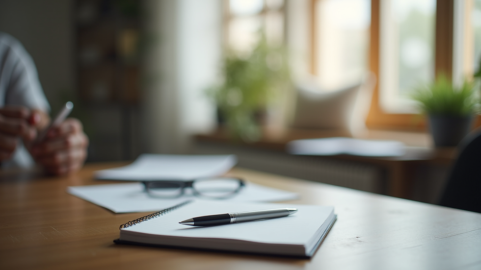 Eye-level view of a cozy consultation room with a notebook and pen on the table