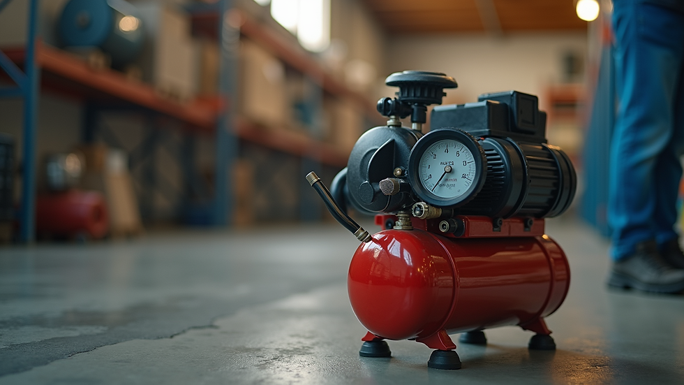Eye-level view of compact air compressor with pressure gauge