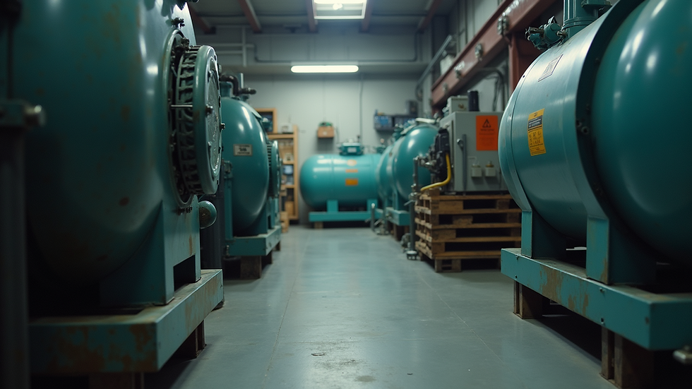 Eye-level view of industrial air compressor in workshop