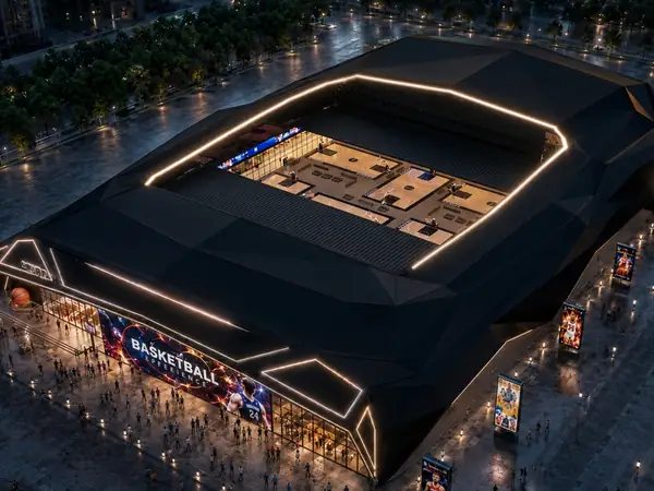Visualisierung der Crib-Fame-Basketballarena bei Nacht aus der Vogelperspektive