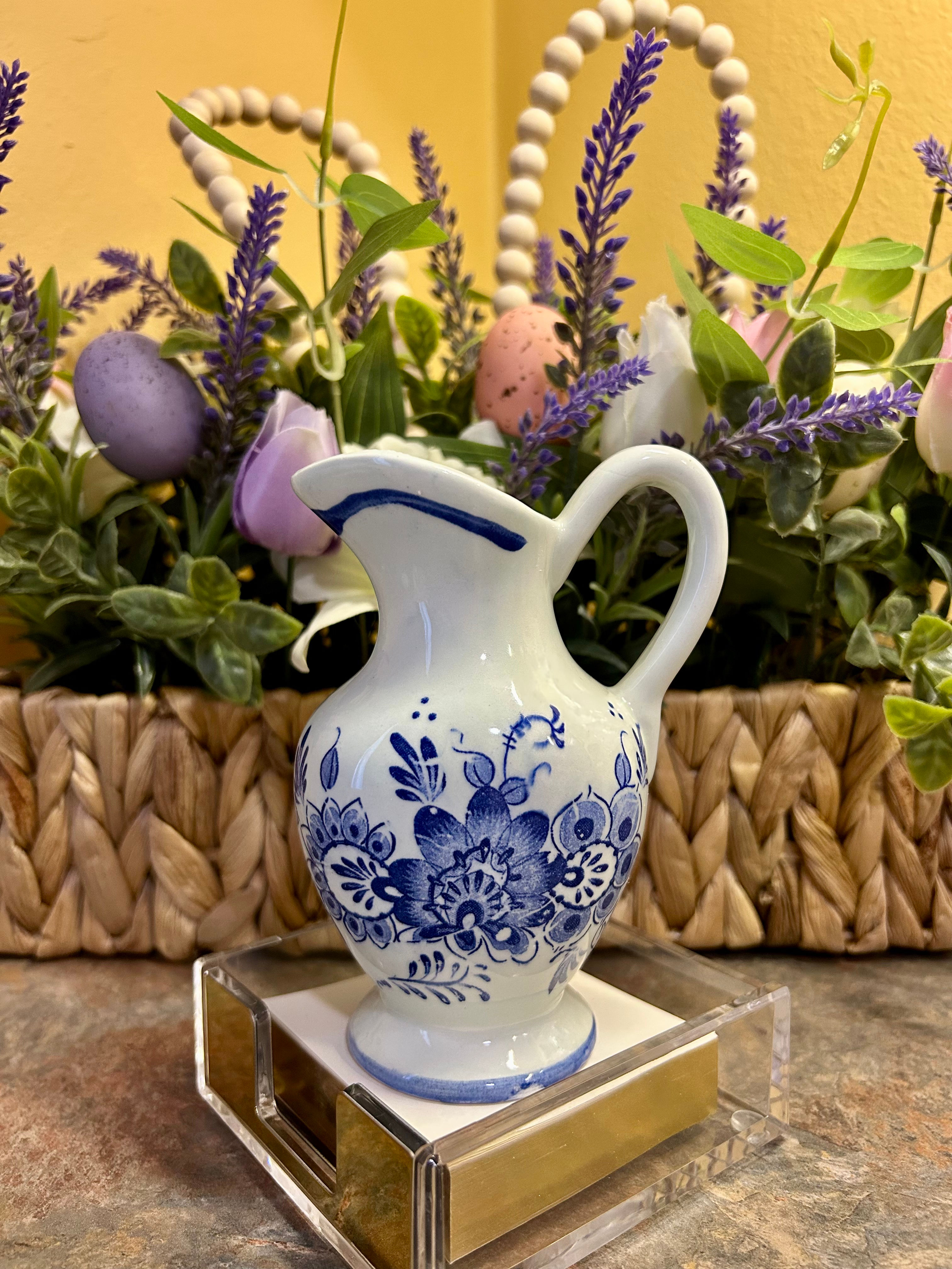 Hand-Painted Delft Style Pottery Pitcher with Blue Floral Design