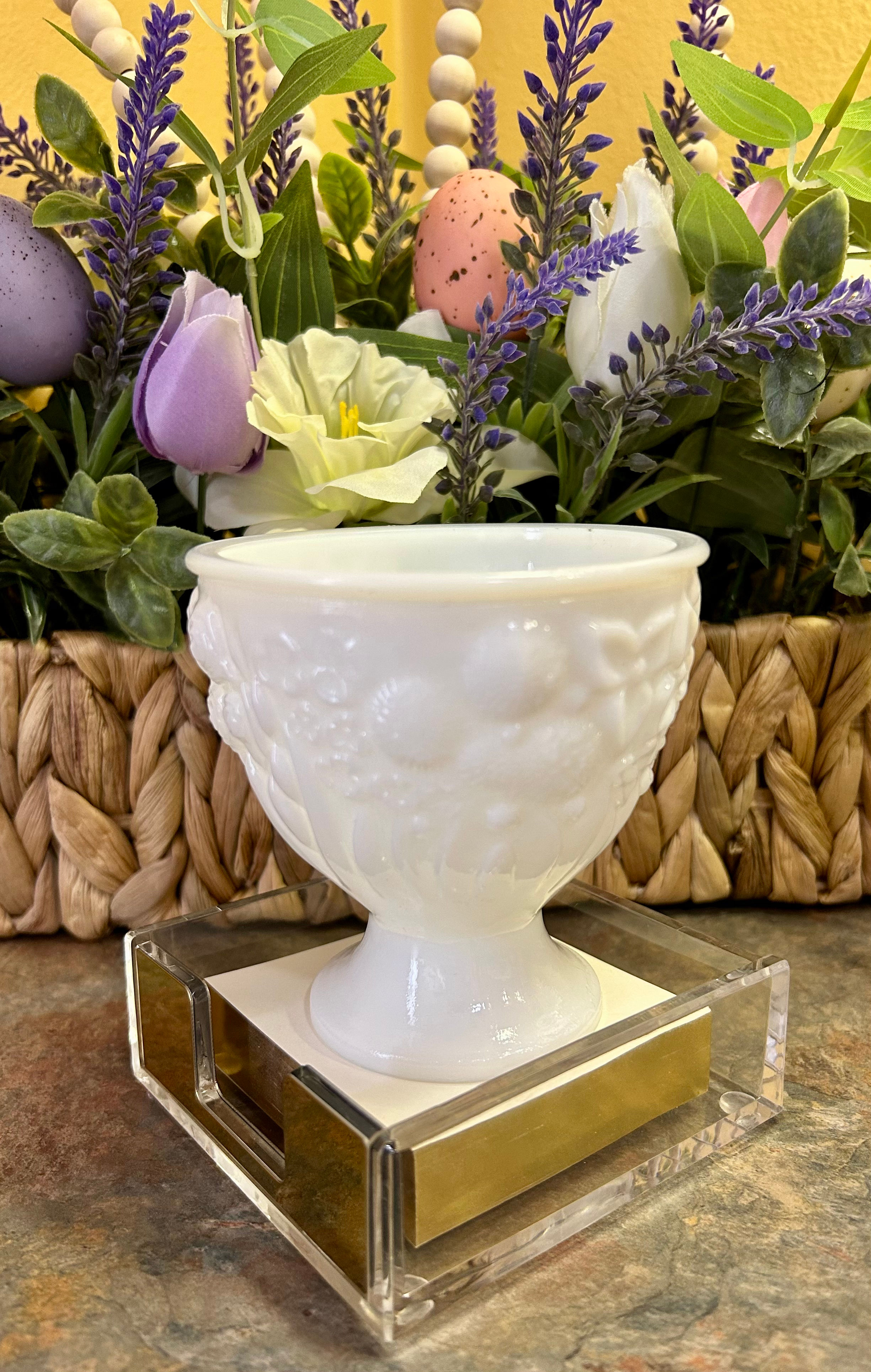 Gorgeous Milk Glass Footed Bowl with Beautiful Floral Design
