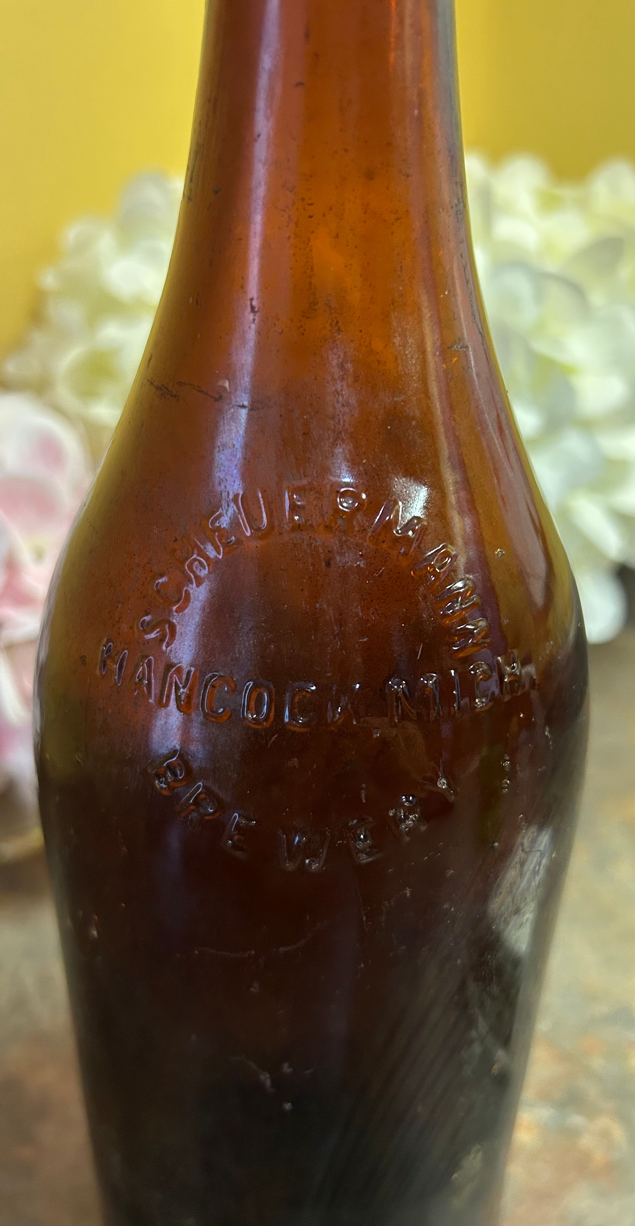 Scheuermann Brewery Hancock Michigan Embossed Amber Beer Bottle