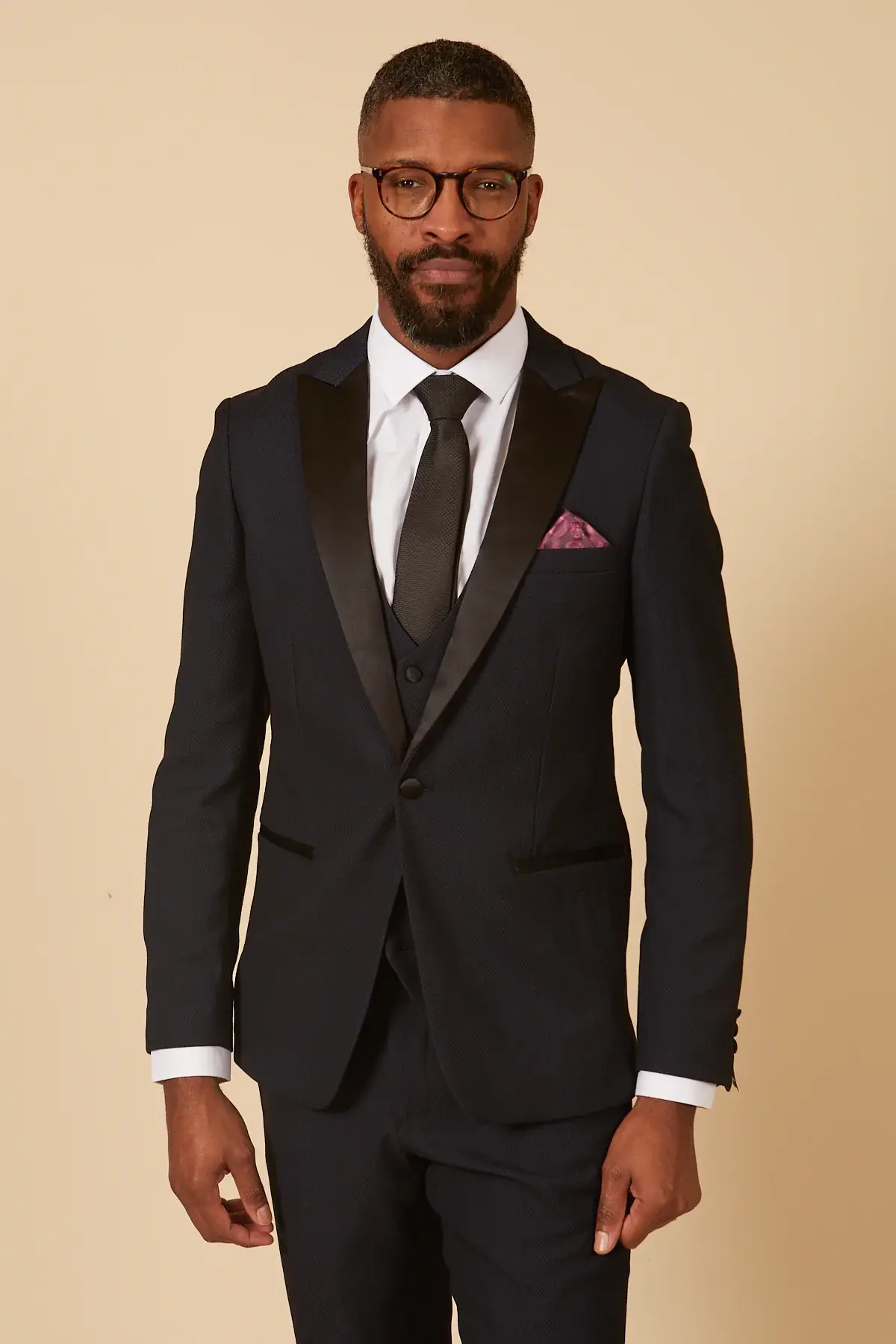 Navy Tux Lapel Diamond 3 Pc Suit