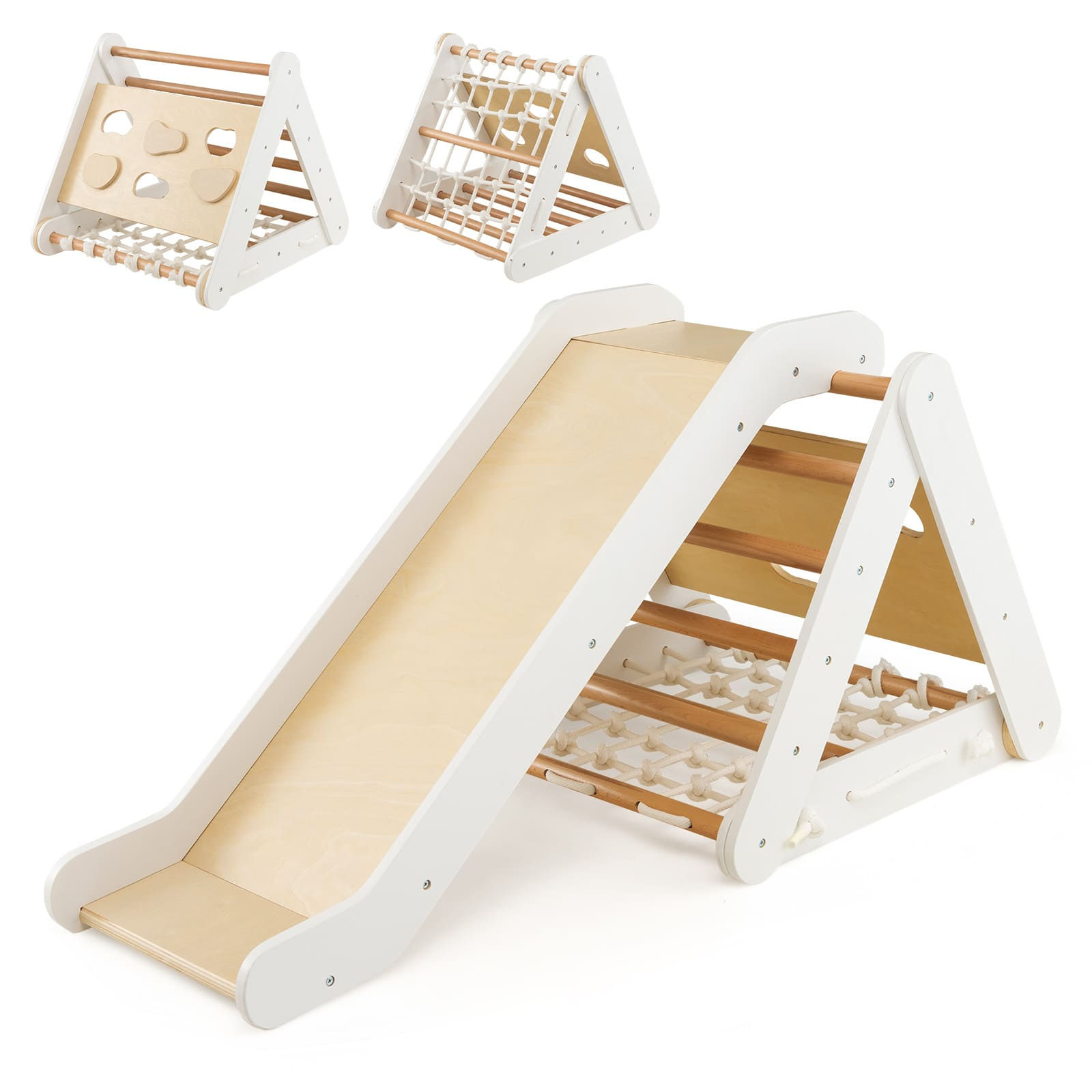 White and natural wooden 3-in-1 climbing triangle featuring a ladder, rope net, and a reversible rock wall slide