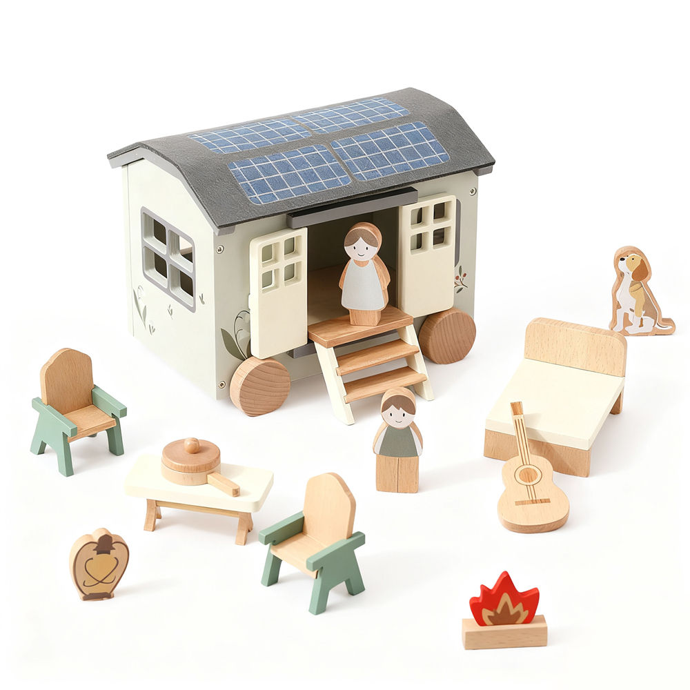 A Montessori wooden camping dollhouse set with furniture laid out on the floor.